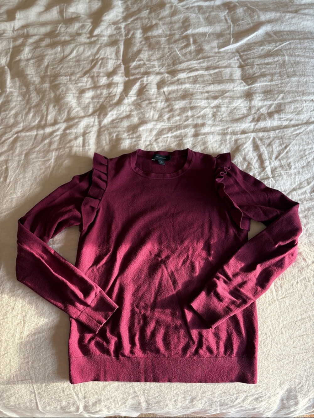 Ann Taylor Ruffle Shoulder Sweater in Wine
